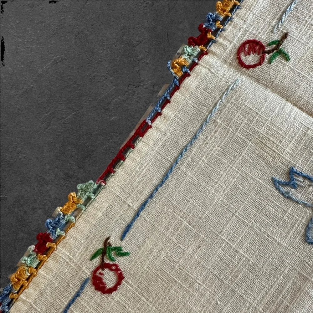 Vintage‎ Hand Embroidered Linen Table Runner Crochet Edge Cottagecore